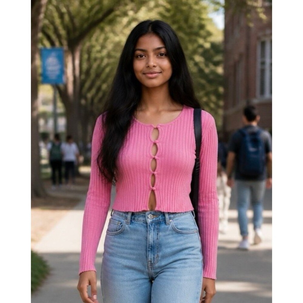 Urban Outfitters NEW! pink ribbed stretch cropped button cardigan sweater M